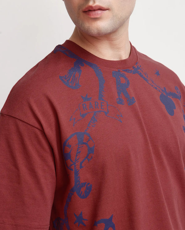 Rare Rabbit Men Xab Pastel Pastel Red Cotton Fabric Short Sleeve Crew Neck Slip-On Oversized Fit Graphic Print T-Shirt
