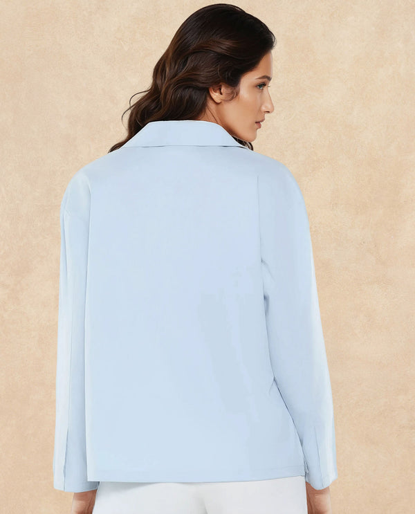 Rareism Women Xan Light Blue Full Sleeve Collared Neck Zipper Closure Plain Top