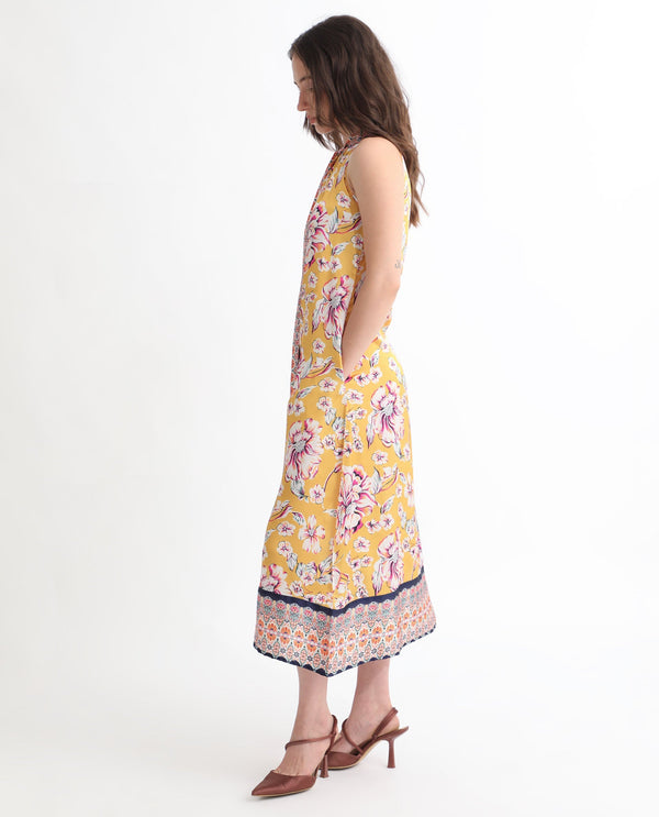 Rareism Women Xander Yellow Polyester Fabric Button Closure Tie-Up Neck Sleeveless Regular Fit Floral Print Maxi A-Line Dress