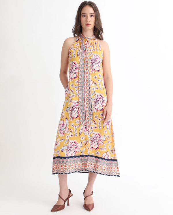 Rareism Women Xander Yellow Polyester Fabric Button Closure Tie-Up Neck Sleeveless Regular Fit Floral Print Maxi A-Line Dress