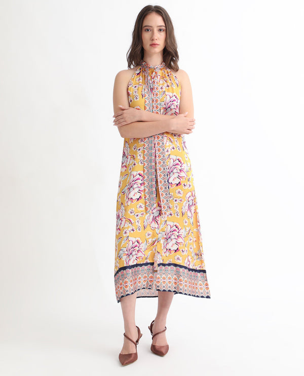 Rareism Women Xander Yellow Polyester Fabric Button Closure Tie-Up Neck Sleeveless Regular Fit Floral Print Maxi A-Line Dress