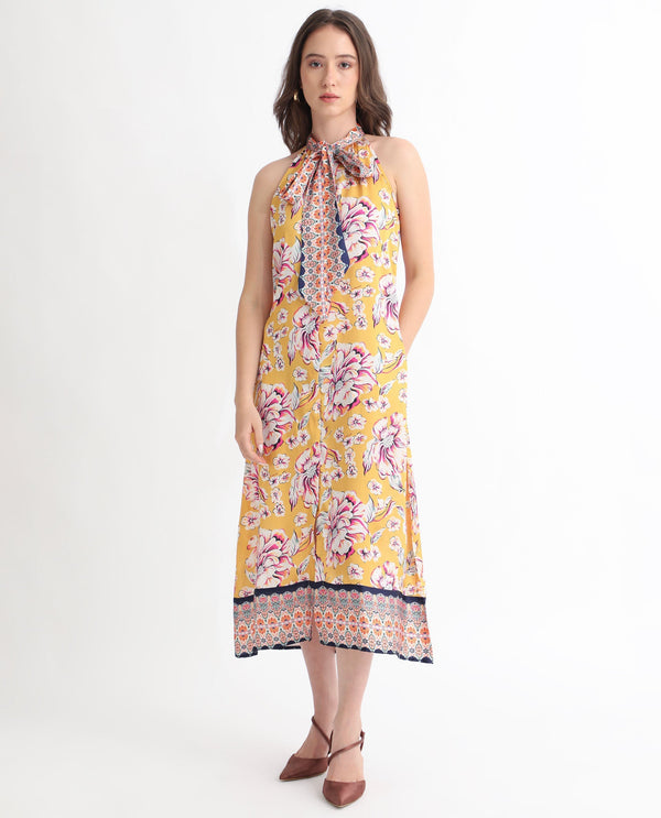 Rareism Women Xander Yellow Polyester Fabric Button Closure Tie-Up Neck Sleeveless Regular Fit Floral Print Maxi A-Line Dress