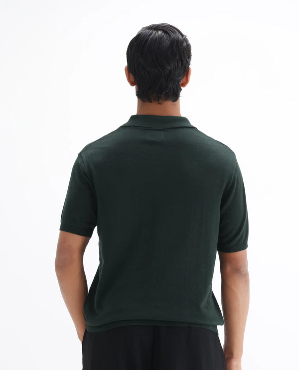 Rare Rabbit Men Xas Dark Green Cotton Fabric Short Sleeve Regular Collared Cable Knit Plain Polo T-Shirt