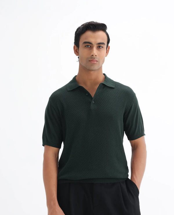 Rare Rabbit Men Xas Dark Green Cotton Fabric Short Sleeve Regular Collared Cable Knit Plain Polo T-Shirt