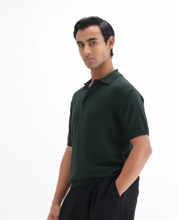 Rare Rabbit Men Xas Dark Green Cotton Fabric Short Sleeve Regular Collared Cable Knit Plain Polo T-Shirt