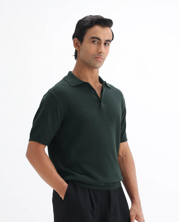 Rare Rabbit Men Xas Dark Green Cotton Fabric Short Sleeve Regular Collared Cable Knit Plain Polo T-Shirt