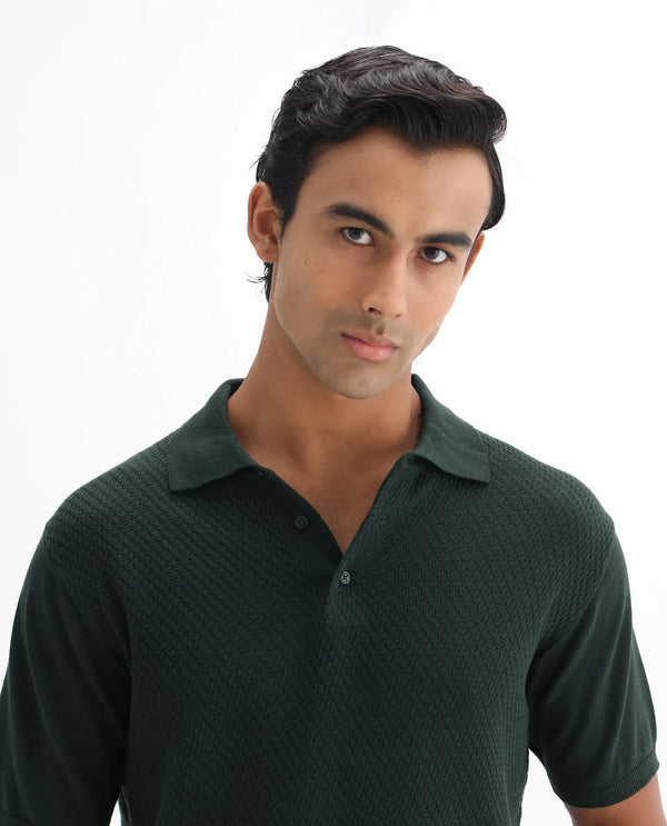 Rare Rabbit Men Xas Dark Green Cotton Fabric Short Sleeve Regular Collared Cable Knit Plain Polo T-Shirt