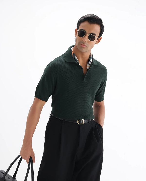 Rare Rabbit Men Xas Dark Green Cotton Fabric Short Sleeve Regular Collared Cable Knit Plain Polo T-Shirt