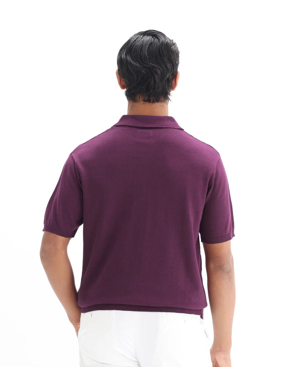 Rare Rabbit Men Xas Dark Purple Cotton Fabric Short Sleeve Regular Collared Cable Knit Plain Polo T-Shirt