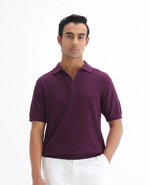 Rare Rabbit Men Xas Dark Purple Cotton Fabric Short Sleeve Regular Collared Cable Knit Plain Polo T-Shirt