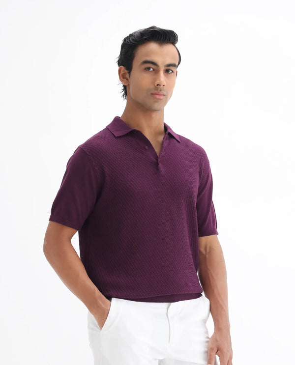 Rare Rabbit Men Xas Dark Purple Cotton Fabric Short Sleeve Regular Collared Cable Knit Plain Polo T-Shirt