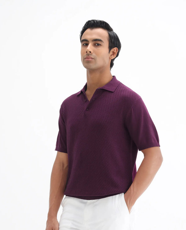 Rare Rabbit Men Xas Dark Purple Cotton Fabric Short Sleeve Regular Collared Cable Knit Plain Polo T-Shirt