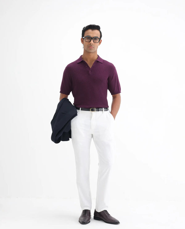 Rare Rabbit Men Xas Dark Purple Cotton Fabric Short Sleeve Regular Collared Cable Knit Plain Polo T-Shirt