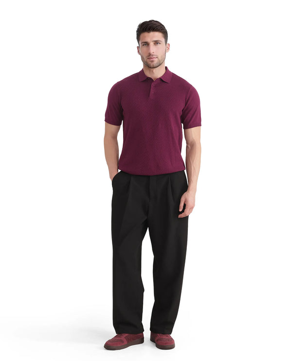 Rare Rabbit Men Xas Dark Purple Cotton Fabric Short Sleeve Regular Collared Cable Knit Plain Polo T-Shirt