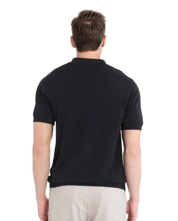 Rare Rabbit Men Xas Black Cotton Fabric Short Sleeve Regular Collared Cable Knit Plain Polo T-Shirt