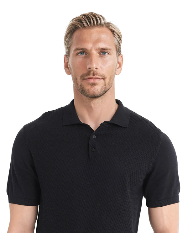 Rare Rabbit Men Xas Black Cotton Fabric Short Sleeve Regular Collared Cable Knit Plain Polo T-Shirt