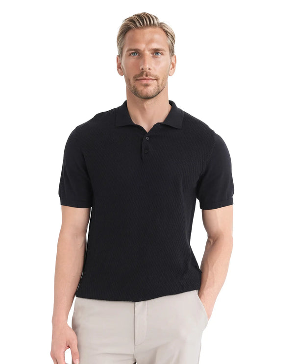 Rare Rabbit Men Xas Black Cotton Fabric Short Sleeve Regular Collared Cable Knit Plain Polo T-Shirt