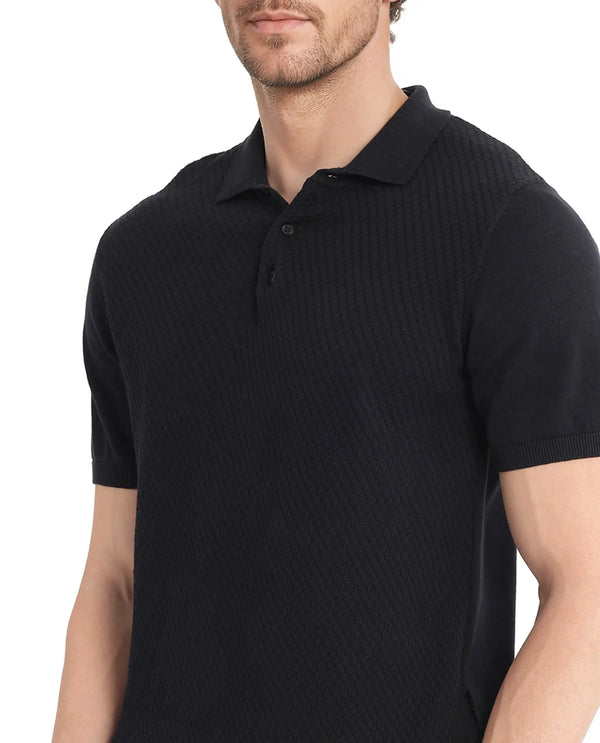 Rare Rabbit Men Xas Black Cotton Fabric Short Sleeve Regular Collared Cable Knit Plain Polo T-Shirt