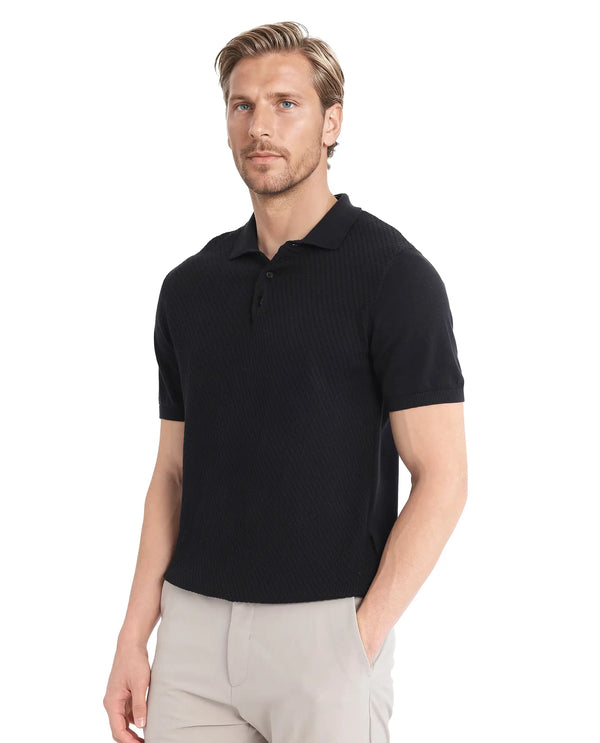 Rare Rabbit Men Xas Black Cotton Fabric Short Sleeve Regular Collared Cable Knit Plain Polo T-Shirt