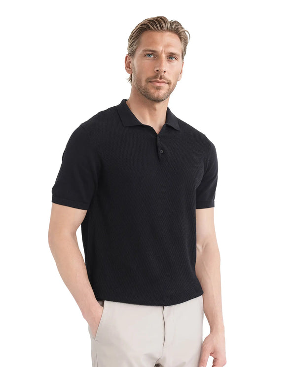 Rare Rabbit Men Xas Black Cotton Fabric Short Sleeve Regular Collared Cable Knit Plain Polo T-Shirt