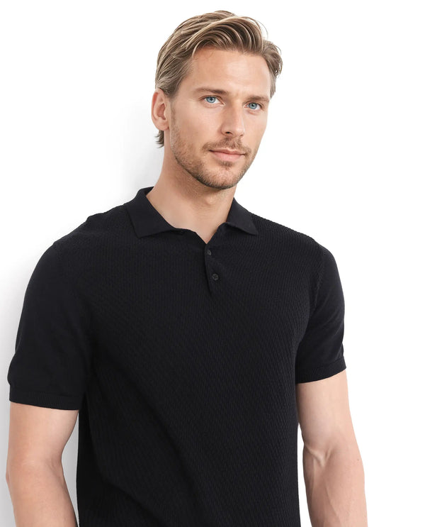 Rare Rabbit Men Xas Black Cotton Fabric Short Sleeve Regular Collared Cable Knit Plain Polo T-Shirt