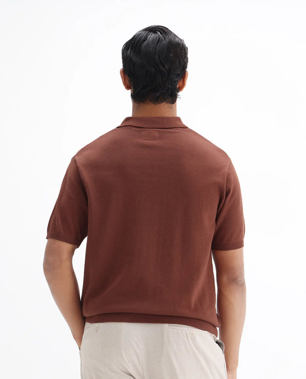 Rare Rabbit Men Xas Rust Cotton Fabric Short Sleeve Regular Collared Cable Knit Plain Polo T-Shirt