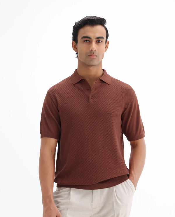 Rare Rabbit Men Xas Rust Cotton Fabric Short Sleeve Regular Collared Cable Knit Plain Polo T-Shirt