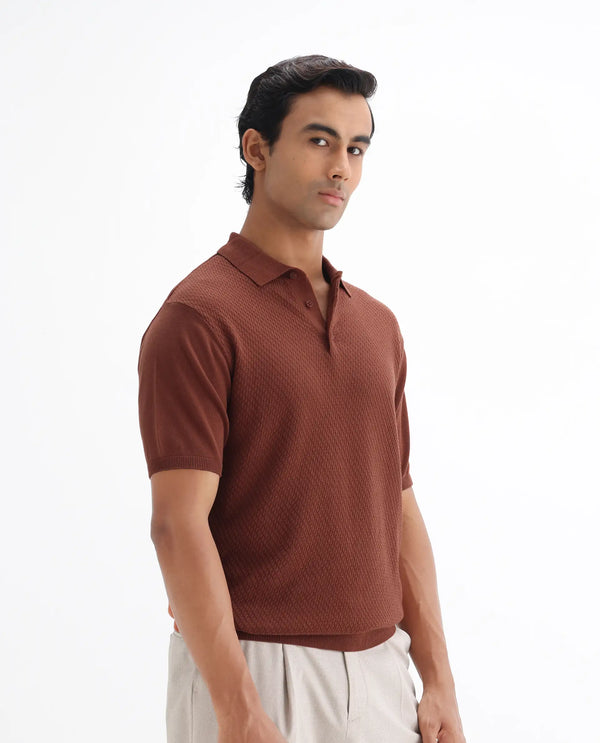 Rare Rabbit Men Xas Rust Cotton Fabric Short Sleeve Regular Collared Cable Knit Plain Polo T-Shirt