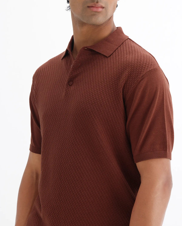Rare Rabbit Men Xas Rust Cotton Fabric Short Sleeve Regular Collared Cable Knit Plain Polo T-Shirt