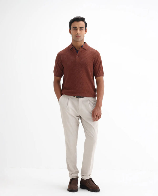 Rare Rabbit Men Xas Rust Cotton Fabric Short Sleeve Regular Collared Cable Knit Plain Polo T-Shirt