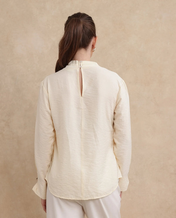 Rareism Women Xave Beige Nylon Viscose Fabric Full Sleeve Asymmetric Neck Button Closure Plain Shirt