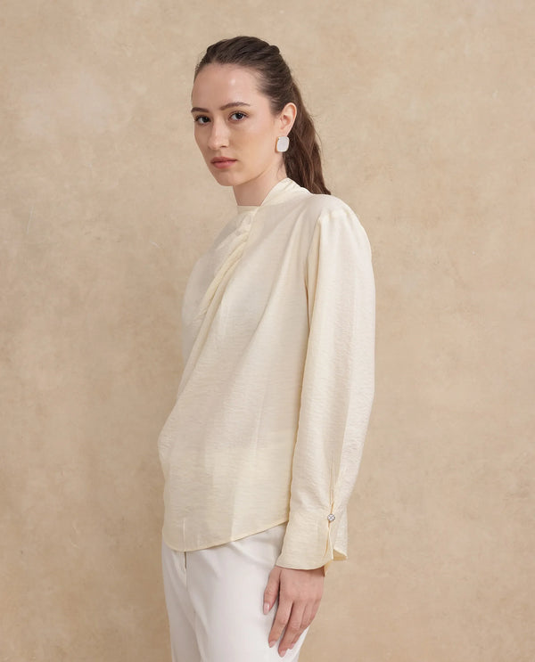 Rareism Women Xave Beige Nylon Viscose Fabric Full Sleeve Asymmetric Neck Button Closure Plain Shirt