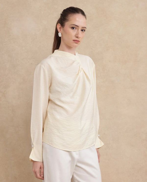 Rareism Women Xave Beige Nylon Viscose Fabric Full Sleeve Asymmetric Neck Button Closure Plain Shirt