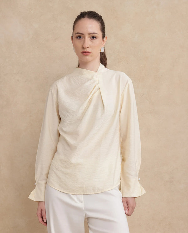 Rareism Women Xave Beige Nylon Viscose Fabric Full Sleeve Asymmetric Neck Button Closure Plain Shirt