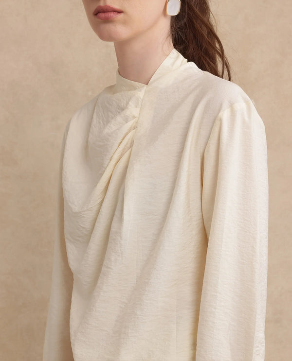 Rareism Women Xave Beige Nylon Viscose Fabric Full Sleeve Asymmetric Neck Button Closure Plain Shirt