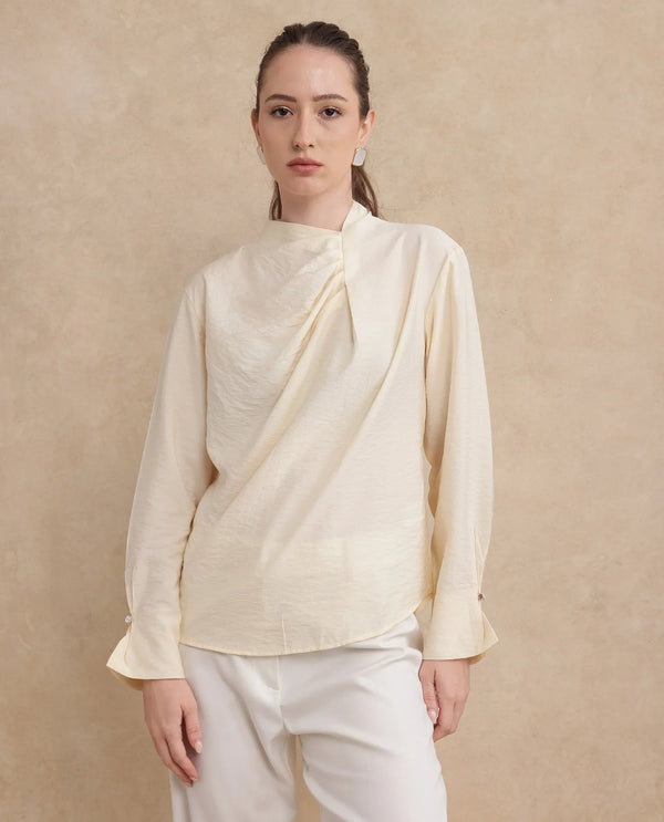 Rareism Women Xave Beige Nylon Viscose Fabric Full Sleeve Asymmetric Neck Button Closure Plain Shirt
