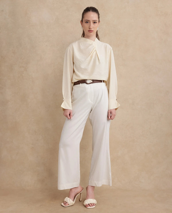 Rareism Women Xave Beige Nylon Viscose Fabric Full Sleeve Asymmetric Neck Button Closure Plain Shirt