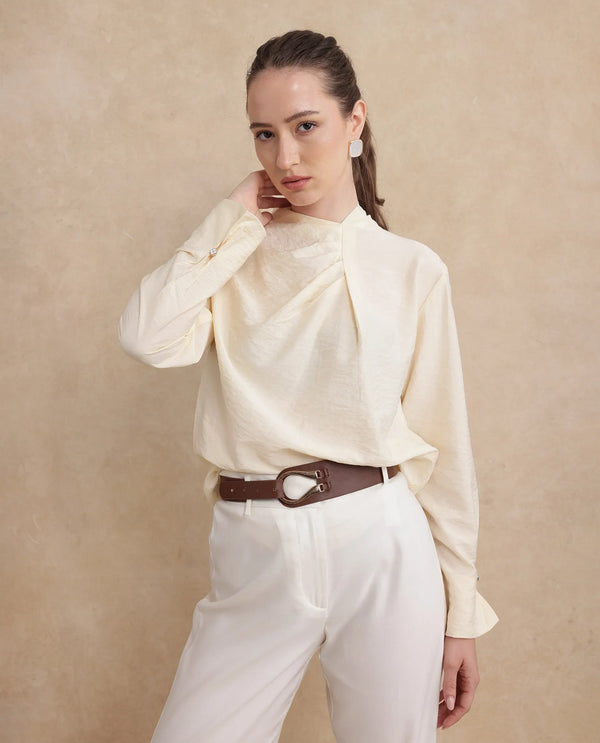 Rareism Women Xave Beige Nylon Viscose Fabric Full Sleeve Asymmetric Neck Button Closure Plain Shirt
