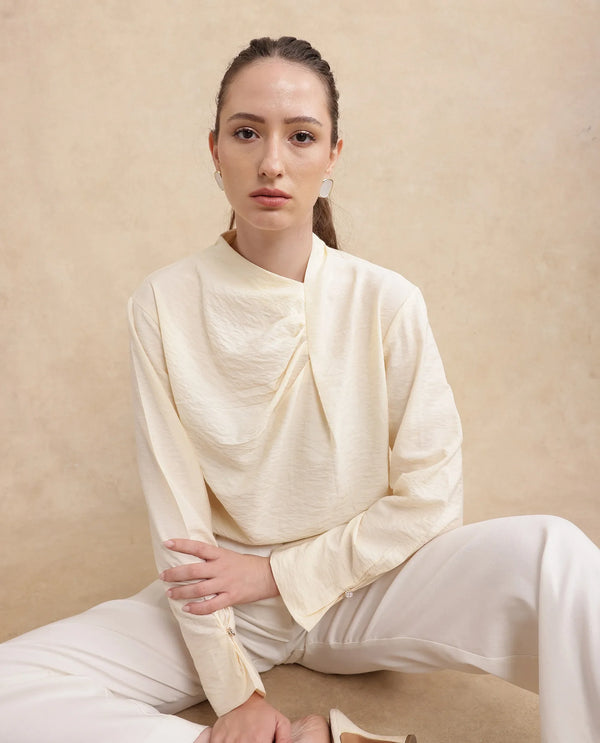 Rareism Women Xave Beige Nylon Viscose Fabric Full Sleeve Asymmetric Neck Button Closure Plain Shirt