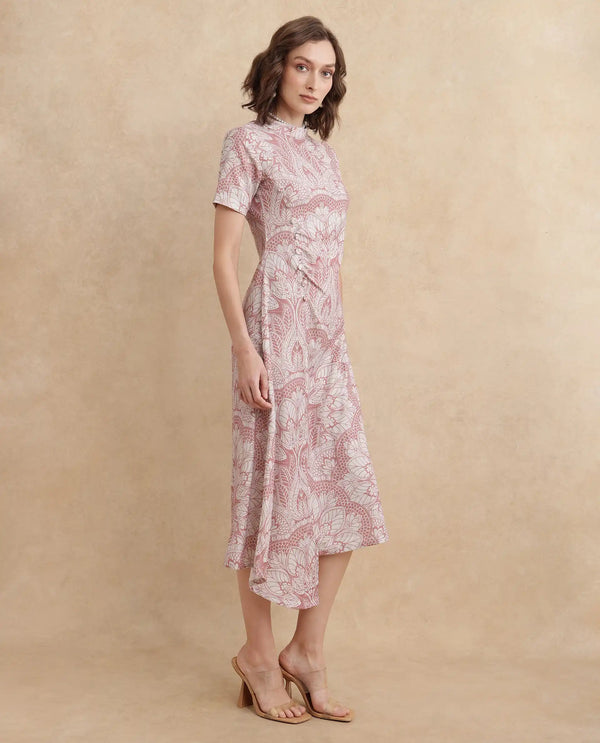 Rareism Women's Xem Light Multi Satin Fabric High Neck Zipper Closure Half Sleeve Paisley Print Straight Fit Midi Dress
