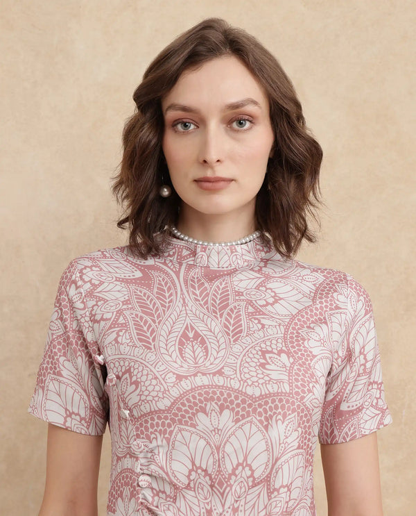 Rareism Women's Xem Light Multi Satin Fabric High Neck Zipper Closure Half Sleeve Paisley Print Straight Fit Midi Dress