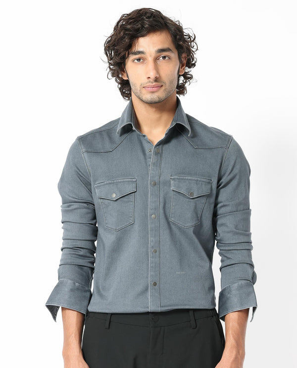 Rare Rabbit Men's Xenon Grey Cotton Polyester Fabric Full Sleeves Solid Shirt