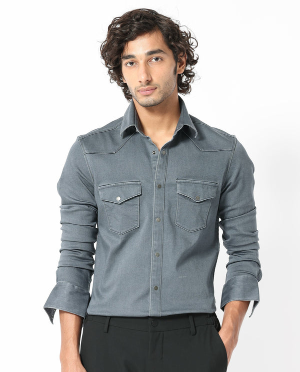 Rare Rabbit Men's Xenon Grey Cotton Polyester Fabric Full Sleeves Solid Shirt