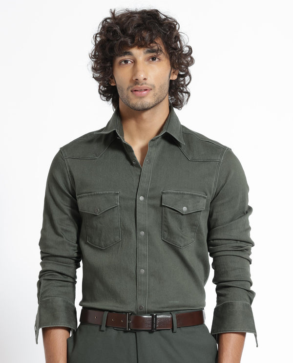 Rare Rabbit Men's Xenon Olive Cotton Polyester Fabric Full Sleeves Solid Shirt