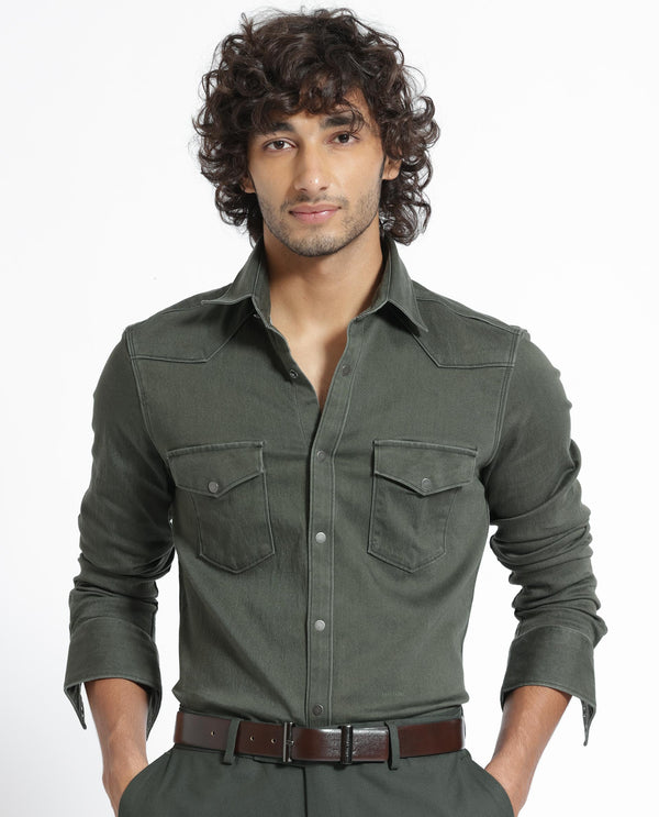 Rare Rabbit Men's Xenon Olive Cotton Polyester Fabric Full Sleeves Solid Shirt