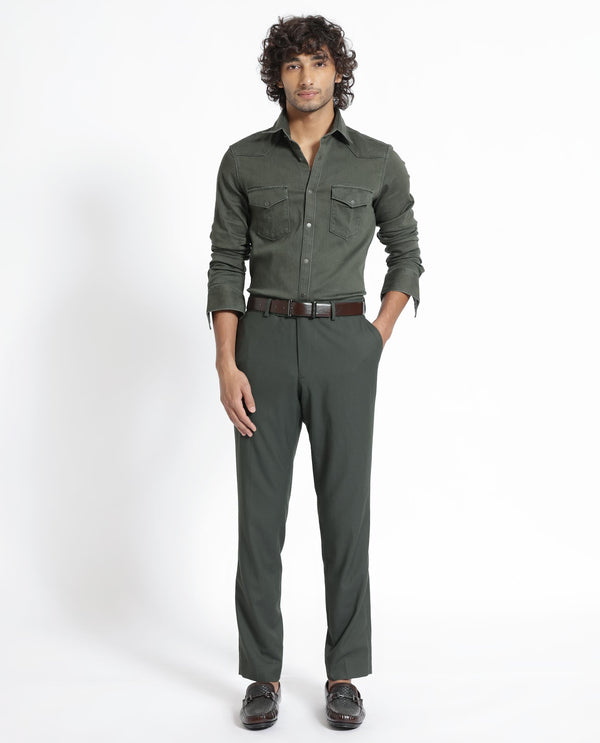 Rare Rabbit Men's Xenon Olive Cotton Polyester Fabric Full Sleeves Solid Shirt