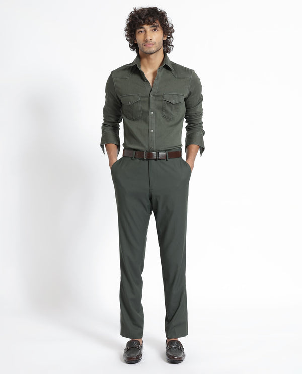 Rare Rabbit Men's Xenon Olive Cotton Polyester Fabric Full Sleeves Solid Shirt