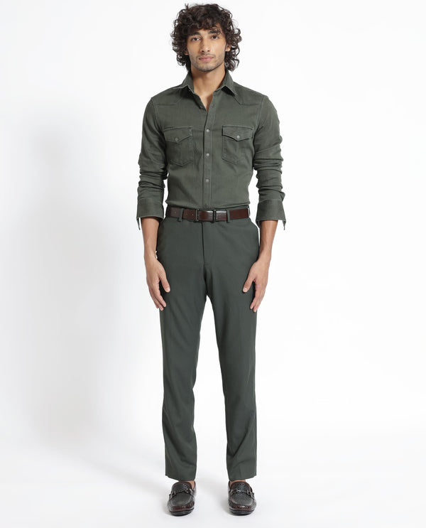 Rare Rabbit Men's Xenon Olive Cotton Polyester Fabric Full Sleeves Solid Shirt