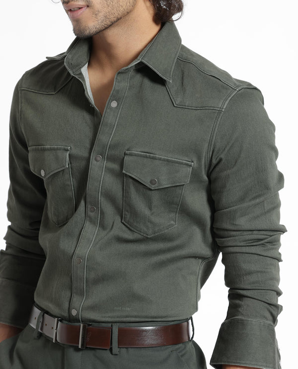 Rare Rabbit Men's Xenon Olive Cotton Polyester Fabric Full Sleeves Solid Shirt