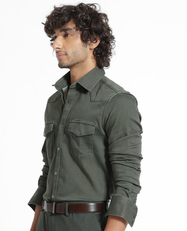 Rare Rabbit Men's Xenon Olive Cotton Polyester Fabric Full Sleeves Solid Shirt